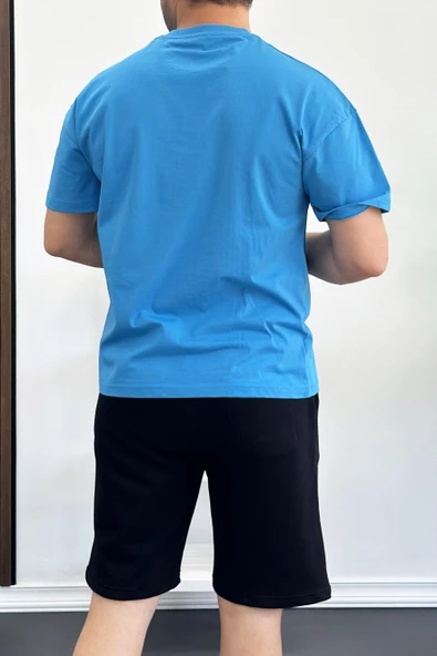 Erkek Oversize %100 Pamuk Baskılı T-shirt Mavi Edw159 - Resim 2