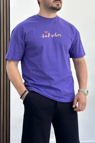 Erkek Oversize %100 Pamuk  Baskılı T-shirt Mor Edw156 ürün görseli