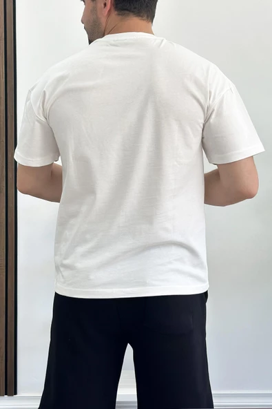 Erkek Oversize %100 Pamuk  Baskılı T-shirt Beyaz Edw154 - Resim 2