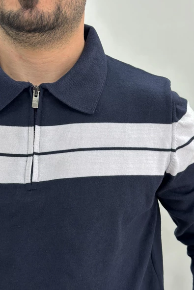 Erkek Çizgili Yarım Fermuarlı Polo Yaka Kazak Lacivert Edw218 - 4
