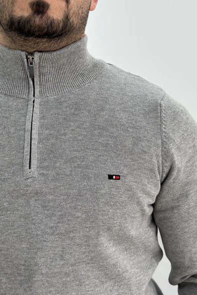 Erkek Yarım Fermuarlı Dik yaka Kazak Gri Edw217 - Resim 4