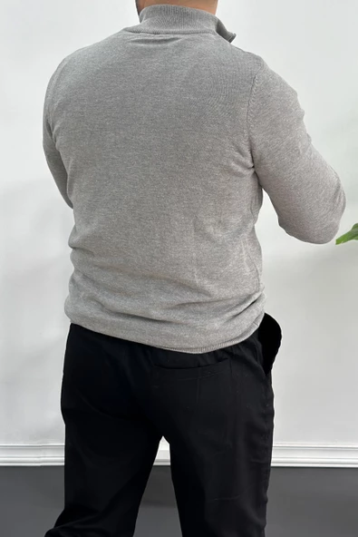 Erkek Yarım Fermuarlı Dik yaka Kazak Gri Edw217 - Resim 3