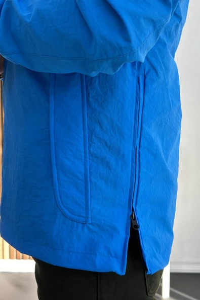 Erkek Slim Fit Krinkıl Kumaş Kanguru Cepli Yarım Fermuarlı Yağmurluk Mont Mavi Edw077 - 5