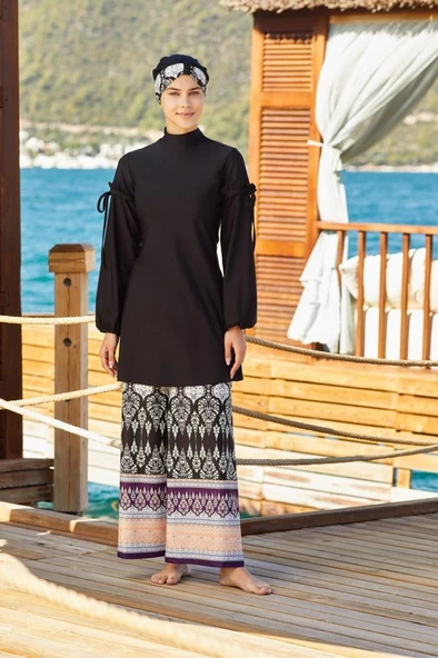 Adasea 4257 Siyah  Lycralı Tasarım Tesettür Mayo