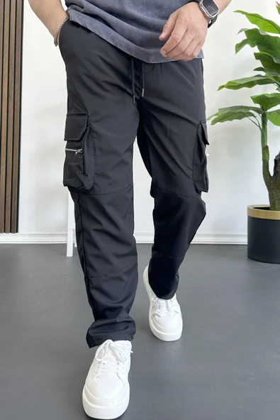 Erkek İnce Baggy Kalıp Kargo Pantolon Siyah Edw164 - Resim 4