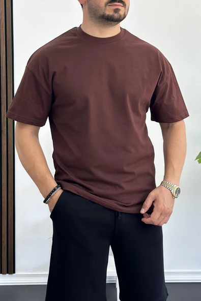 Erkek Oversize %100 Pamuk Sırt Baskılı T-shirt Kahverengi Edw161 - Resim 2