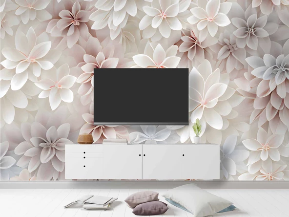 3 Boyutlu Beyaz Pembe Çiçek Çizim Temalı Duvar Kağıdı - Resim 3