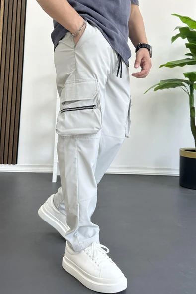 Erkek İnce Baggy Kalıp Kargo Pantolon Gri Edw164 ürün görseli