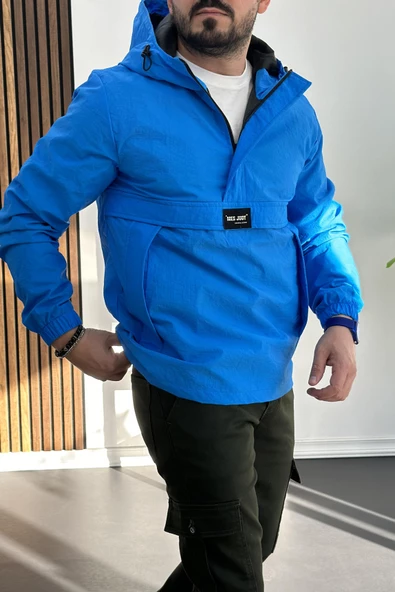 Erkek Slim Fit Krinkıl Kumaş Kanguru Cepli Yarım Fermuarlı Yağmurluk Mont Mavi Edw077 - 4