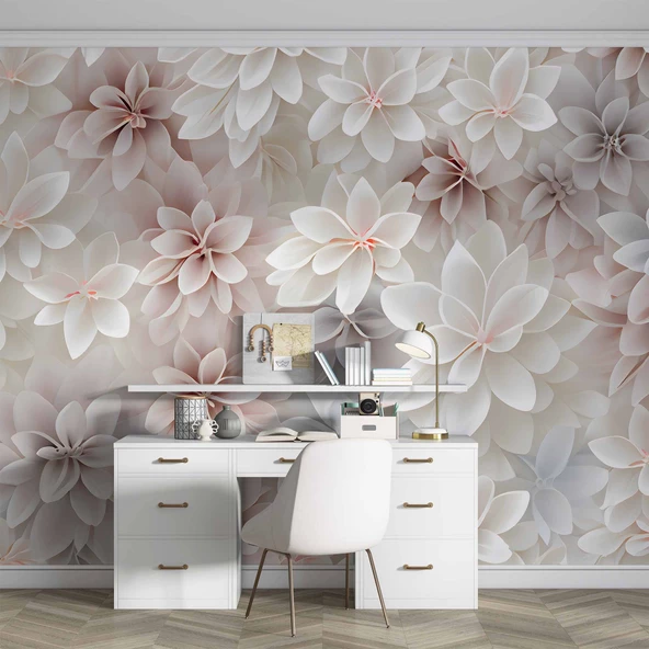 3 Boyutlu Beyaz Pembe Çiçek Çizim Temalı Duvar Kağıdı - Resim 4