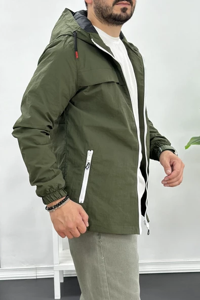Erkek Beyaz Fermuar Detaylı Kapüşonlu Mevsimlik Ceket Yeşil Edw170 - 4