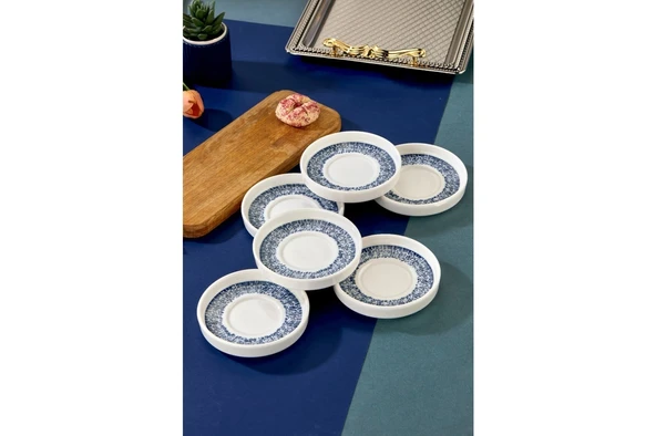 Cooker Lüks Porselen Desenli 6 Lı Çay Tabağı Bardak Altı - CKR4150 - Mavi Çizgili - 2