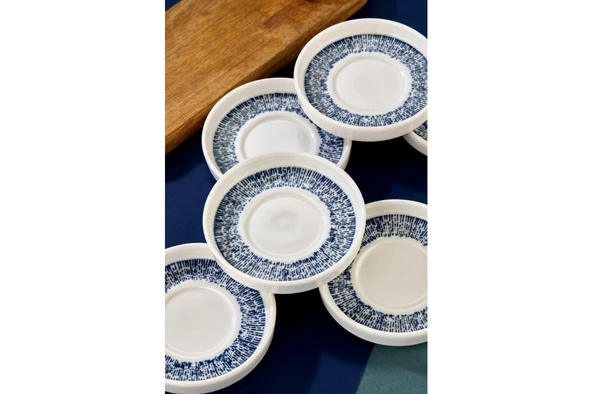 Cooker Lüks Porselen Desenli 6 Lı Çay Tabağı Bardak Altı - CKR4150 - Mavi Çizgili
