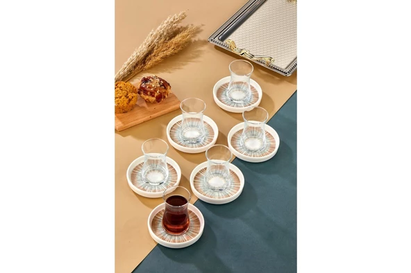 Cooker Lüks Porselen Desenli 6 Lı Çay Tabağı Bardak Altı - CKR4150 - Nostalji Çizgili - 5