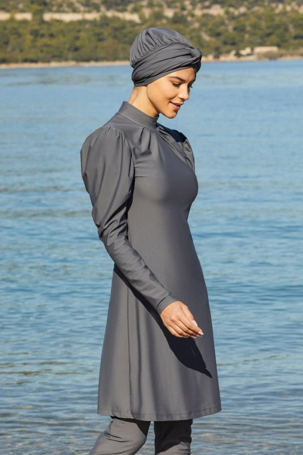 Adasea 4252 Antrasit  Lycralı Tasarım Tesettür Mayo - 5