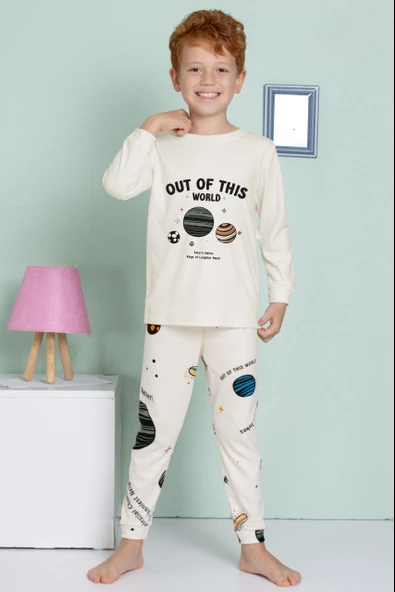 Erkek Çocuk Gezegen Desenli Uzun Kollu Pijama Takımı - 5