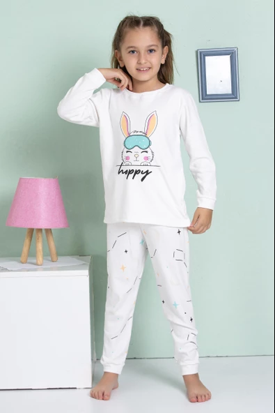 Kız Çocuk Tavşan Desenli Uzun Kollu Pijama Takımı - 11
