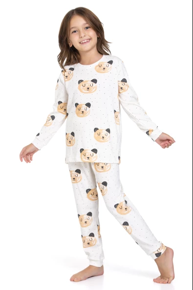 Kız Çocuk Kedi Desenli Uzun Kollu Pijama Takımı - 5