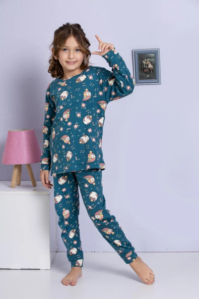 Kız Çocuk Baykuş Desenli Uzun Kollu Pijama Takımı