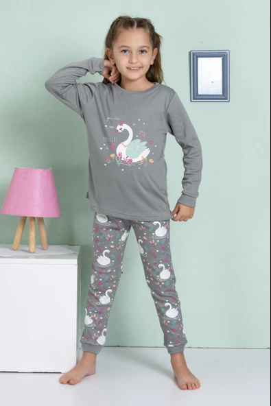Kız Çocuk Kuğu Desenli Uzun Kollu Pijama Takımı