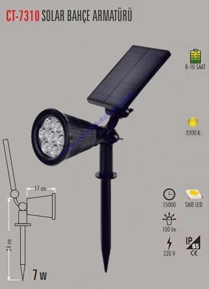 CATA 7W GÜNIŞIĞI Solar Bahçe Armatürü Çim Kazıklı (Güneş Enerji Şarjlı)