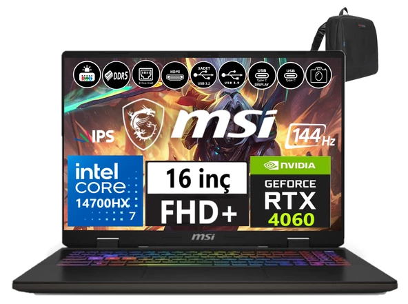 Msı Nb Sword 16 Hx Intel Core I7-14700HX 96GB Ddr5 4tb SSD 8GB/RTX4060 115W Freedos 16" 144Hz Fhd+ Taşınabilir Bilgisayar SWB14VEKG-061XTR20+WEBLEGELSINÇANTA