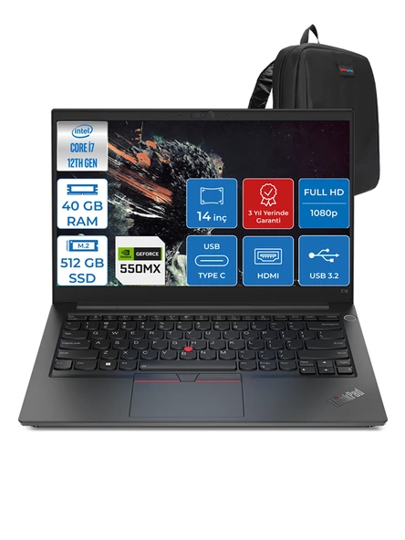 Thinkpad E14 G4 Intel Core I7-1255U 40GB 512GB SSD 2GB/MX550 14" IPS Fhd Freedos Taşınabilir Bilgisayar 21E3S0S60F05 + Zettaçanta ürün görseli