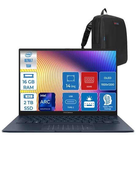 Asus Zenbook 14 OLED Ultra 7 155H 16GB LPDDR5X 2tb SSD Intel Arc 14" OLED Wuxga 0.2ms WIN11PRO Taşınabilir Bilgisayar QD511WP03 + Zettaçanta