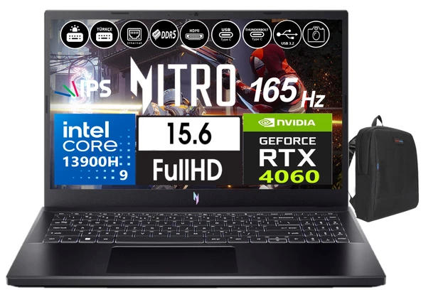 Acer Nitro 5 ANV15-51 V15 Ntel Core I9-13900H 32GB Ddr5 1tb SSD 8GB/RTX4060 WINDOWS11HOME 15.6" 165Hz Fhd Taşınabilir Bilgisayar NHQQEEY00526+WEBLEGELSINÇANTA