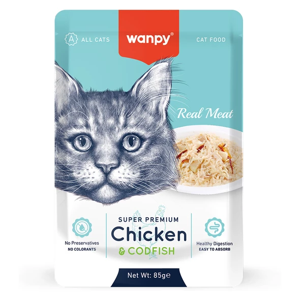 Wanpy 85 gr Pouch Tavuklu & Morina Balıklı Yaş Kedi Maması 12 Adet