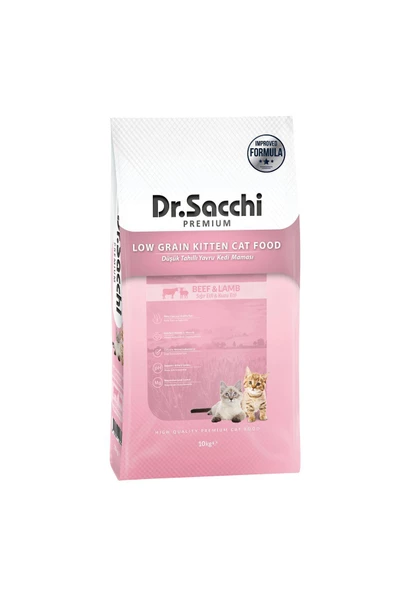 Dr.sacchi Premium Düşük Tahıllı Sığır Etli Ve Kuzu Etli Yavru Kedi Maması 10 Kg