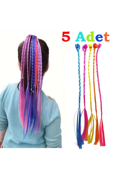 Ayver 5 ADET RENKLİ 30 CM KLİPSLİ TOKALI SENTETİK YAPAY SAÇ RENGARENK