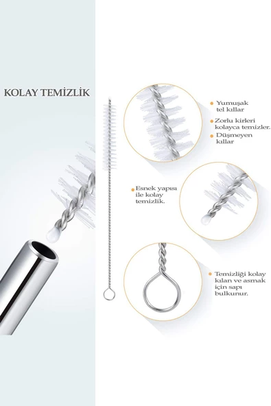 Ayver 4'Lü Paslanmaz Metal Pipet Ve Temizlik Fırçası Tekrar Kullanılabilir Sunum Ürünleri Mutfak Kokteyl - 3