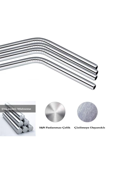 Ayver 4'Lü Paslanmaz Metal Pipet Ve Temizlik Fırçası Tekrar Kullanılabilir Sunum Ürünleri Mutfak Kokteyl - 4