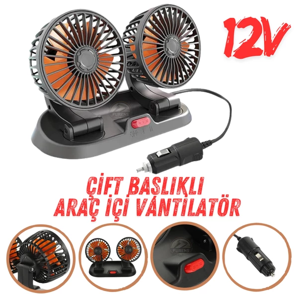 Araç İçi Vantilatör 360° Dönebilen Torpido Üstü Çift Başlıklı Vantilatör 12v Uyumlu Çakmaklık Girişli Soğutucu Fan