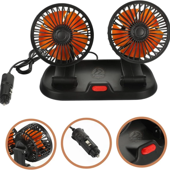 Araç İçi Vantilatör 360° Dönebilen Torpido Üstü Çift Başlıklı Vantilatör 12v Uyumlu Çakmaklık Girişli Soğutucu Fan - 2