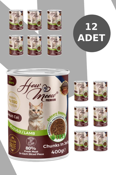 HOW MEOW 12 ADET JÖLELİ PARÇA ETLİ YETİŞKİN KEDİ YAŞ MAMASI KUZULU 400 GRAM - 2
