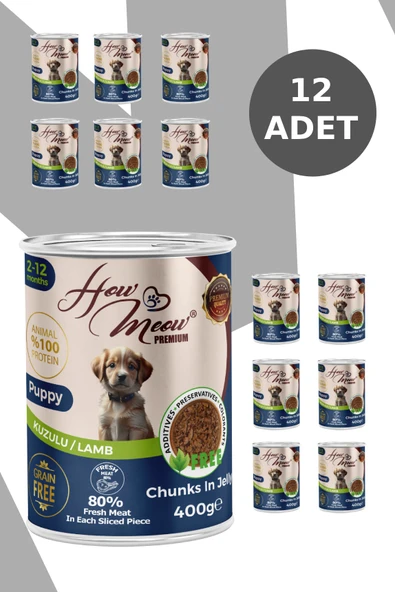 HOW MEOW 12 ADET JÖLELİ PARÇA ETLİ YAVRU KÖPEK YAŞ MAMASI KUZULU 400 GRAM - 2