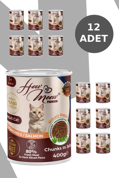 HOW MEOW 12 ADET JÖLELİ PARÇA ETLİ YETİŞKİN KEDİ YAŞ MAMASI SOMONLU 400 GRAM - 2
