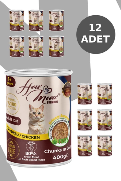 HOW MEOW 12 ADET JÖLELİ PARÇA ETLİ YETİŞKİN KEDİ YAŞ MAMASI TAVUKLU 400 GRAM - 2