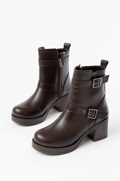 5109-3027 Kahverengi Topuklu Fermuarlı Günlük Kadın Bot - 5