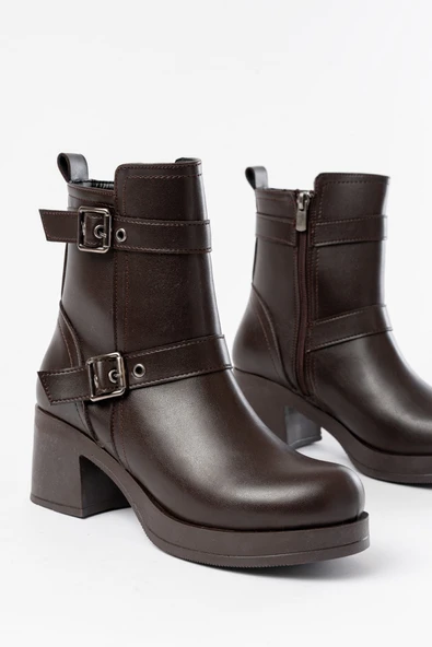 5109-3027 Kahverengi Topuklu Fermuarlı Günlük Kadın Bot - 4