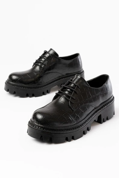 868-754 Siyah Kroko Bağcıklı Günlük Yüksek Tabanlı Loafer Ayakkabı - 5