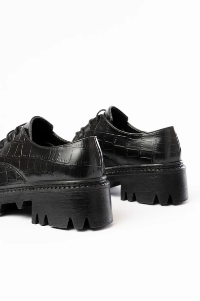 868-754 Siyah Kroko Bağcıklı Günlük Yüksek Tabanlı Loafer Ayakkabı - 3