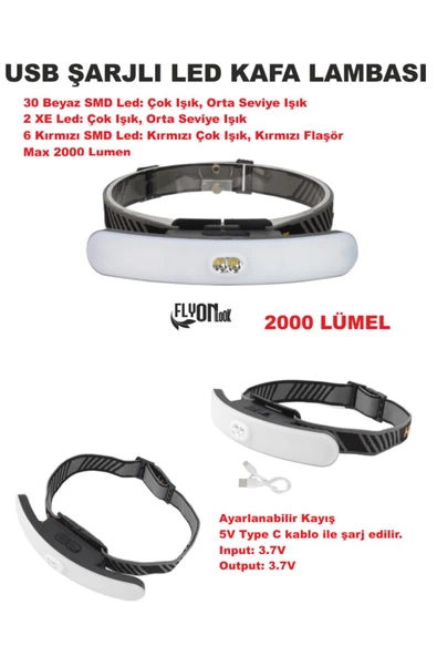 USB ŞARJLI KAFA LAMBASI 30 BEYAZ SMD LED 2000 LÜMEL,KIRMIZI FLAŞÖR FONKSİYONLU KAFA FENERİ - 3