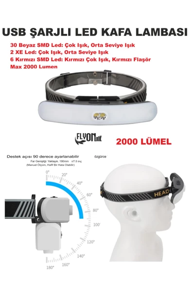 USB ŞARJLI KAFA LAMBASI 30 BEYAZ SMD LED 2000 LÜMEL,KIRMIZI FLAŞÖR FONKSİYONLU KAFA FENERİ - 2