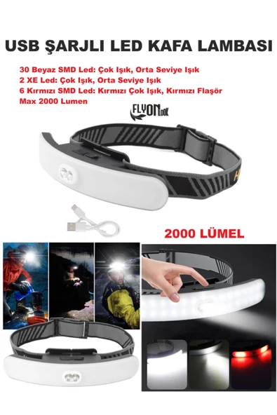 USB ŞARJLI KAFA LAMBASI 30 BEYAZ SMD LED 2000 LÜMEL,KIRMIZI FLAŞÖR FONKSİYONLU KAFA FENERİ