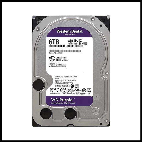 Wd Purple, Wd64purz, 3.5", 6tb, 256mb, 5400 Rpm, 7/24 Güvenlik, Hdd