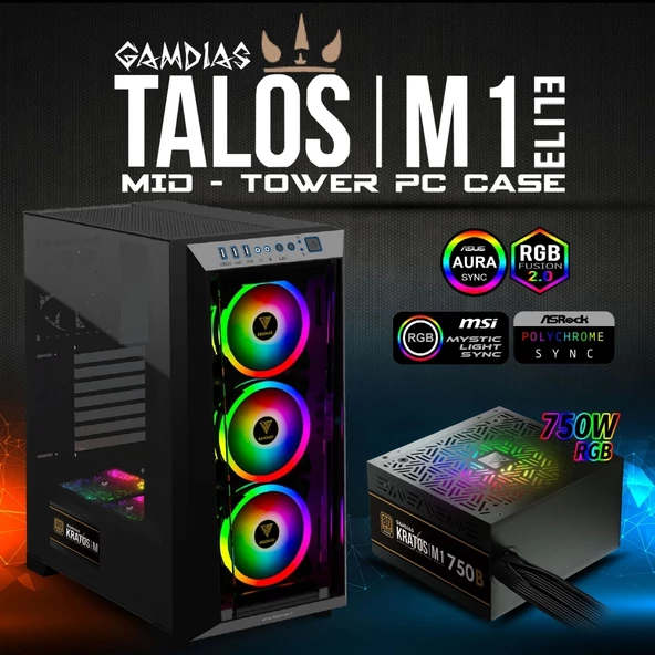 Gamdıas Talos M1 Elite, 750w, Tempered Glass, Argb, 80+ Bronze, Atx Gamıng Kasa