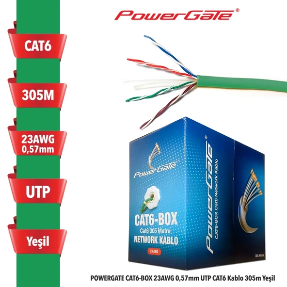 Powergate Cat6-box-gn, 23awg 0,57mm, Utp, Cat6 Kablo, 305m, Yeşil